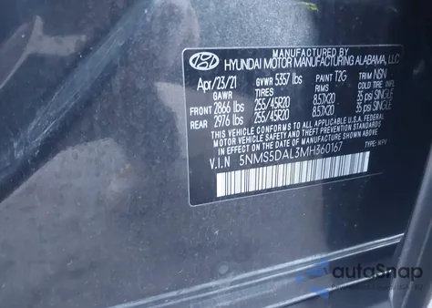 2021 Hyundai Santa Fe Calligraphy z USA, uszkodzony, nr VIN 5NMS5DAL3MH360167